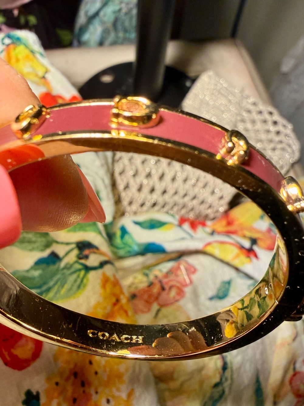 Coach Gold-Tone Burgundy Enamel Hinged Bangle Bracelet - Picture 4 of 7